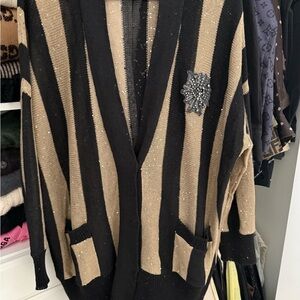 Brunello Cucinelli linen/ silk blend Black and Tan Sequin Cardigan SZ M